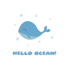 Cercles muraux Baleine Cute whale in flat kawaii style. Marine mammal with "Hello Ocean" text, water bubbles. Vector illustration, eps 10, suitable for print and web.