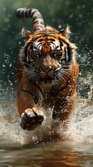Tiger pouncing. Vertical background 