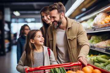 Una famila feliz de compras en el supermercado adquiriendo productos frescos de frutas y verduras.