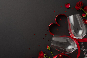 Luxurious date night visualized. Top view of lavish table ensemble, wineglasses, roses, silk...