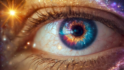 close-up of a girl's eye in the expanses of the galaxy. humanity and its place in space - obrazy, fototapety, plakaty