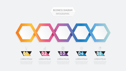 Infographic vector template with 5 steps for business. 3D paper geometric label. for content, brochure, diagram, timeline, web design. Vector