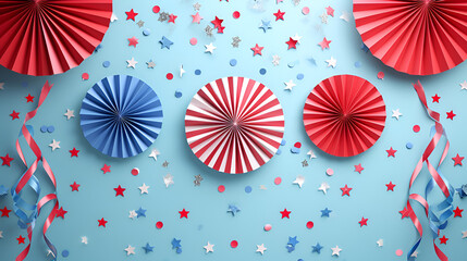 4th of July background, USA Presidents Day, Independence Day, Memorial day, US election concept. Red white and blue paper fans with stars confetti. Flat lay, top view, banner