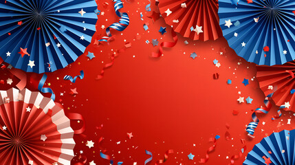 4th of July background, USA Presidents Day, Independence Day, Memorial day, US election concept. Red white and blue paper fans with stars confetti. Flat lay, top view, banner