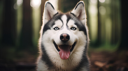 Close-up Siberian Husky dog smile, The background is smooth.