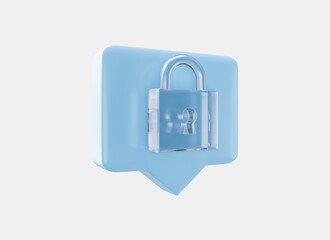 Speech bubble with Locked padlock icon in crystal glass style 3d render.  Security, safety, encryption, protection, privacy concept. Cyber security internet and networking concept.