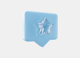 Speech bubble with star icon in crystal glass style 3d render. Customer feedback, review, or rating concept. Social star premium quality icon glass morphism