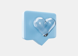 Speech bubble with heart icon in crystal glass style 3d render. Like, sign follower, love icon social media