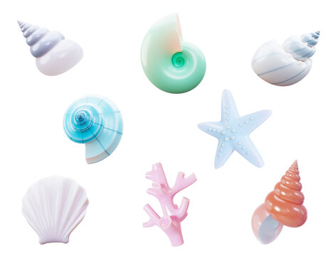 Set with colored sea shells, molluscs, coral, sea snails, starfish 3d render. Sea animals. Marine life objects. Seashell summer symbol concept.