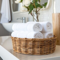 Fototapeta na wymiar Bathroom interior with basket of towels and bathtub on table