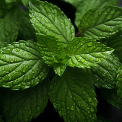 Create a realistic and detailed image of fresh spearmint leaves. The leaves should be vibrant green with distinct veins,  possibly a garden or a natural environment, The lighting is early morning