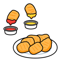 皿に盛ったチキンナゲットと、ソース・ケチャップ.