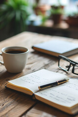 notebook and pen near an office plant. home alone, weekend. paper to write notes. studying. study in college to take notes. glasses
