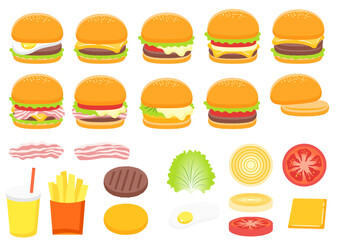 いろいろなハンバーガーその具材　イラストセット.