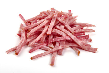 Boiled ham sausage cut into strips, isolated on white background.