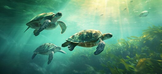 Sea turtles swimming gracefully through underwater seagrass. Marine life and conservation.