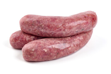 Raw german pork sausages, isolated on white background.