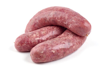 Raw german pork sausages, isolated on white background.
