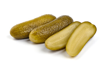 Pickles. Preserved cucumbers, marinated gherkin, isolated on white background.