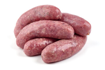 Meaty raw pork bangers, isolated on white background.