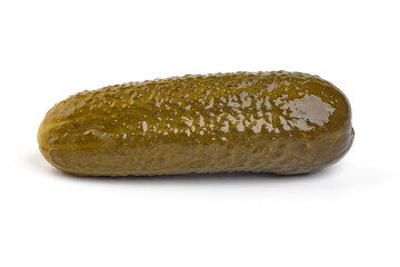 Marinated pickled cucumbers, gherkin, salted cornichon, isolated on white background.