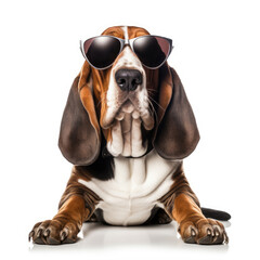 Photo of dog using cool sunglasses white background