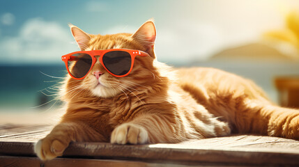 Funny ginger cat in sunglasses. Recreation and vacation concept, The background is smooth.