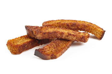 Crispy rye croutons, isolated on white background.