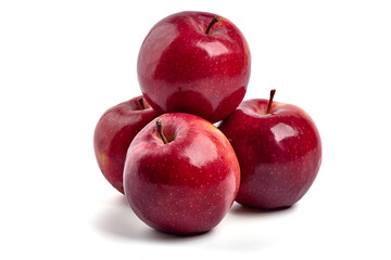 Shiny Red ripe apples, isolated on white background. Fresh raw organic fruits.