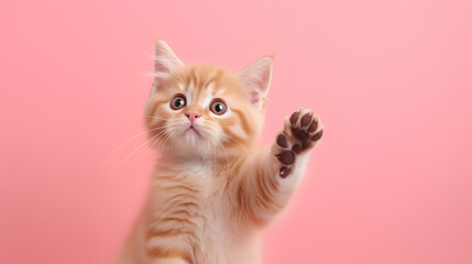 Funny ginger cat with its front paw raised on pink background.