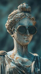 Obraz premium Ancient Greek goddess statue wearing sunglasses blurred background