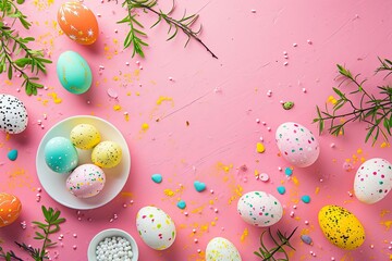 Easter party concept. Top view Sweet easter party background Spring holiday concept - obrazy, fototapety, plakaty