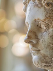 Ancient Roman marble statue with makeup, blurred background