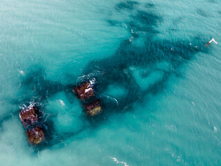 Arial view of SS Wollongbar ship wreck in Byron Bay, Australia
