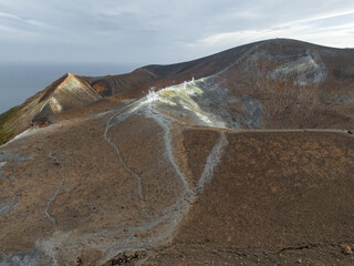 Aerial View of Volcano Island. Vulcano crater with fumaroles. Lipari Eolie Islands, Tyrrhenian Sea....