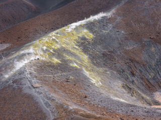 Aerial View of Volcano Island. Vulcano crater with fumaroles. Lipari Eolie Islands, Tyrrhenian Sea....
