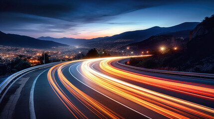 Fototapeta na wymiar Night Time Highway, Long Exposure Photo of Blurred Car Lights