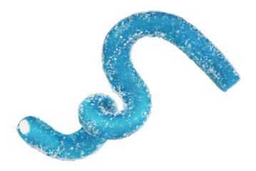 Levitation of blue jelly candy strip in sugar sprinkles isolated on transparent background.