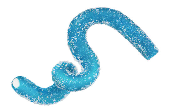 Levitation of blue jelly candy strip in sugar sprinkles isolated on transparent background.