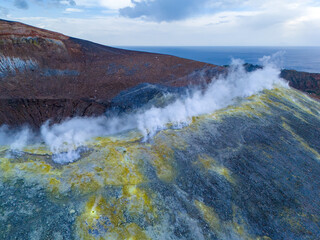Aerial View of Volcano Island. Vulcano crater with fumaroles. Lipari Eolie Islands, Tyrrhenian Sea. Sicily, Italy.