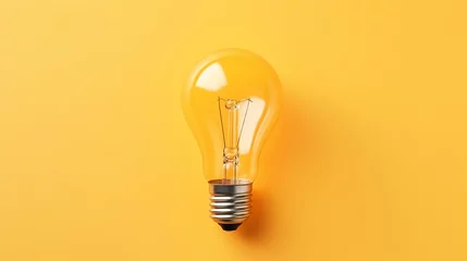 Foto op Plexiglas Light bulb on yellow background, top view. Creative idea concept © alionaprof