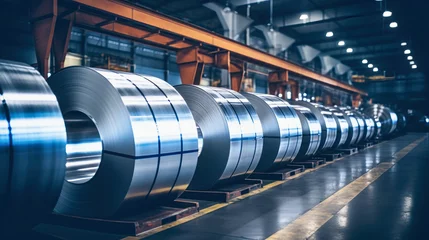 Foto op Canvas Industrial galvanized steel coil coil for sheet metal forming machine in metal fabrication plant workshop, sunlight tinted. Selective focus. © Anoo