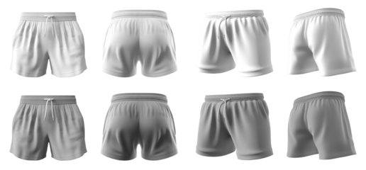 2 Set of white and light grey gray, unisex running sports shorts boxer bottom, front, back and side view on transparent background cutout, PNG file. Mockup template for artwork graphic design.