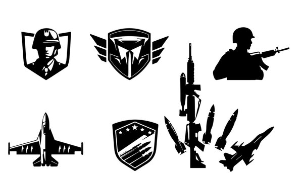 military or army silhouettes and logo icons set , military weapons , military emblem logos