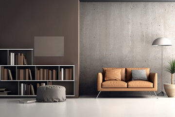 Möbel vor verschieden farbenen Wänden, minimalistisch eingerichtet.