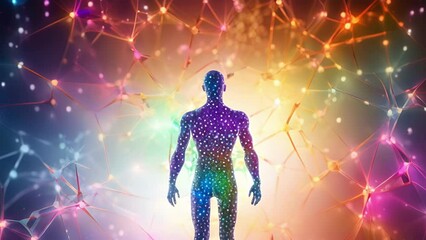 A digital artwork depicting a stylized human figure composed entirely of colorful stem cells, representing the incredible potential of these tiny building blocks of life to aid in the bodys