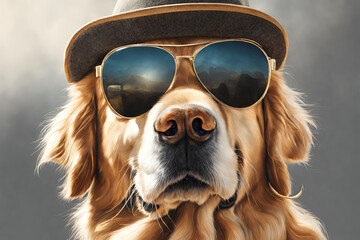 A Golden Retriever wearing sunglasses and a hat, looking cool and relaxed - obrazy, fototapety, plakaty