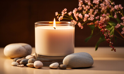 Fototapeta na wymiar Scented Candle Burning Serenely with Dry Flowers and Smooth Pebbles Set on a Beige Table, Evoking a Sense of Calm and Mindfulness