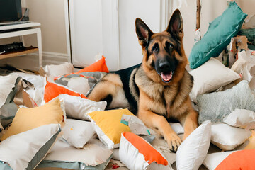 A German Shepherd Dog with a mischievous grin, surrounded by torn up pillows