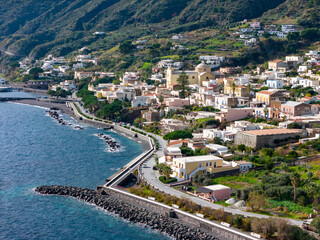 Fototapeta na wymiar Aerial View of Salina Island. City of Santa Marina Salina. Lipari Eolie Islands,Tyrrhenian Sea. Sicily, Italy.